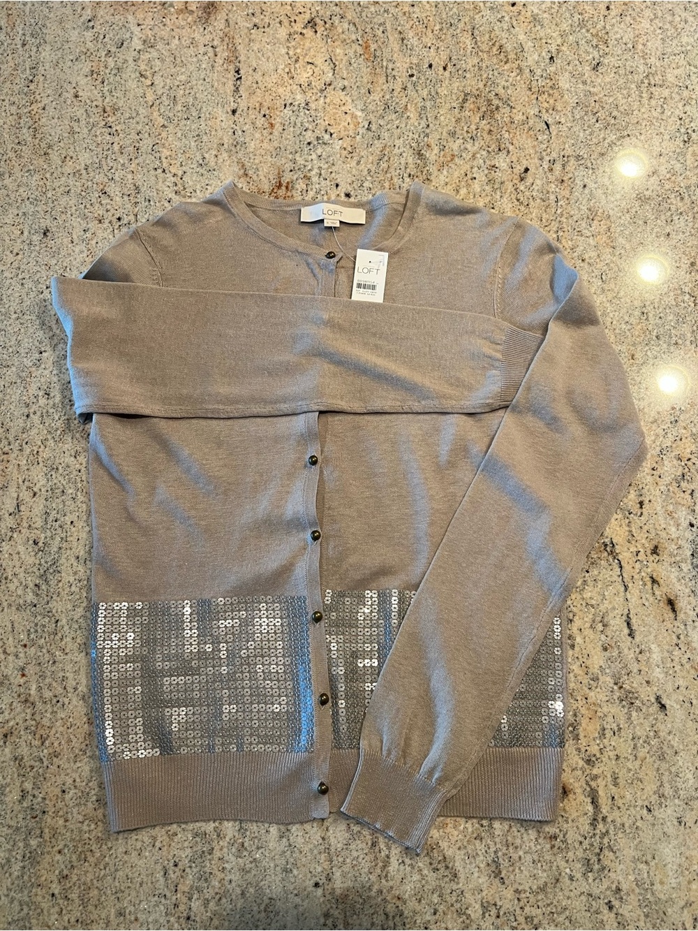 LOFT Soft Taupe Linen Cardigan Sweater With Soft Silver Sequin Hem